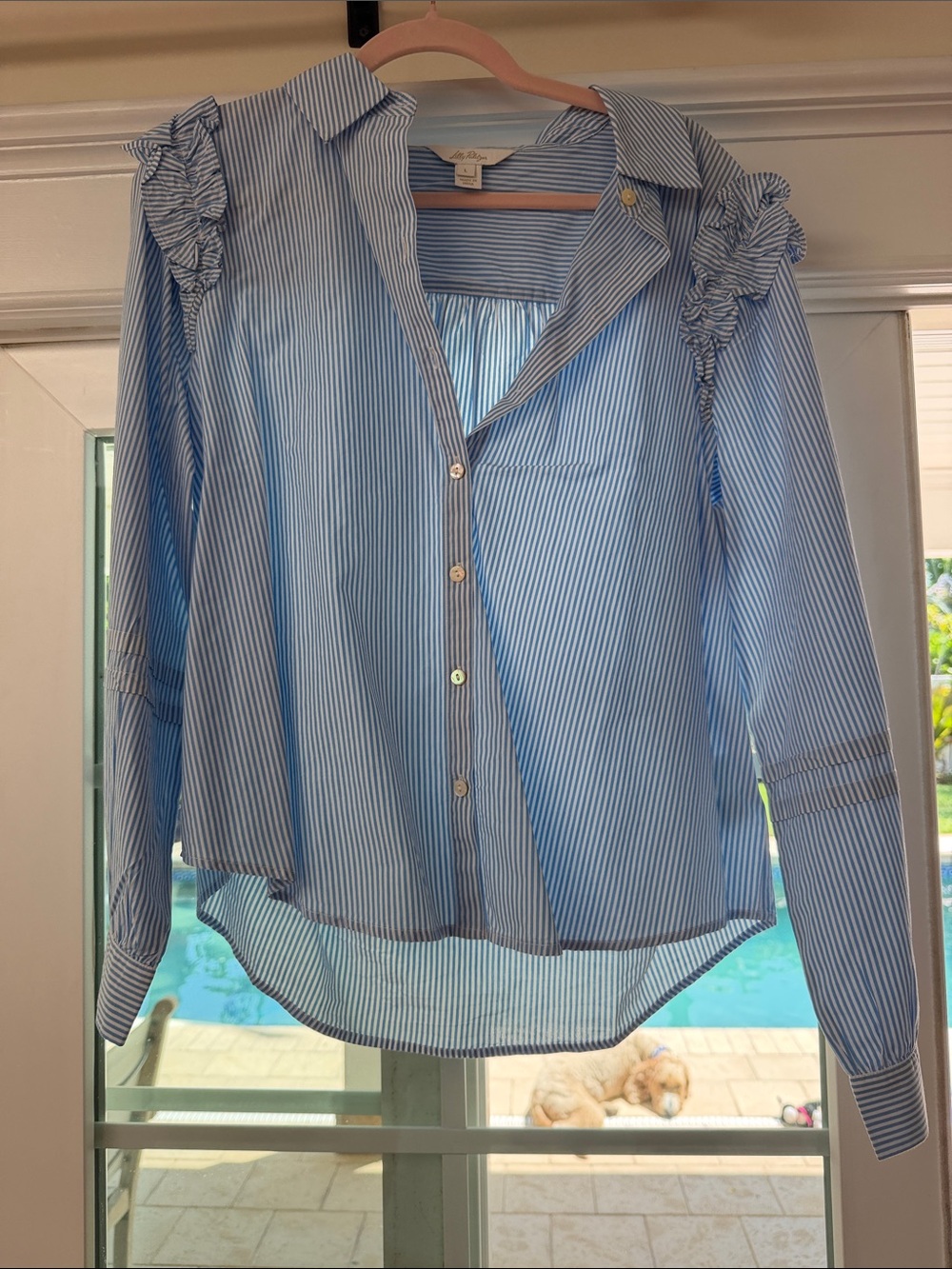 Lilly Pulitzer Blue & White Striped Ruffle Shoulder Button-Down